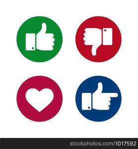 Thumbs up down sign. Point finger and heart icons in red and green circle. Social media love user reaction vector isolated buttons. Like and dislike gesture internet symbols. Thumbs up down sign. Point finger and heart icons in red and green circle. Social media love user reaction vector isolated buttons