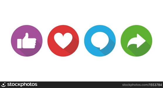 Thumbs up, heart, comment and repost icons on a white background. Social network signs.. Thumbs up, heart, comment and repost icons on a white background.