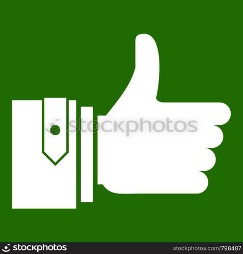 Thumbs up icon white isolated on green background. Vector illustration. Thumbs up icon green