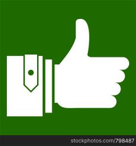 Thumbs up icon white isolated on green background. Vector illustration. Thumbs up icon green