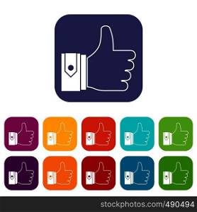 Thumbs up icons set vector illustration in flat style in colors red, blue, green, and other. Thumbs up icons set