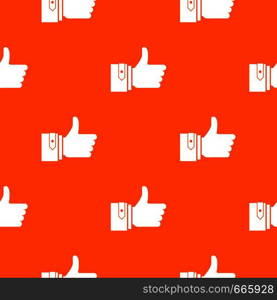 Thumbs up pattern repeat seamless in orange color for any design. Vector geometric illustration. Thumbs up pattern seamless