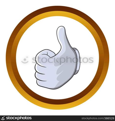 Thumbs up vector icon in golden circle, cartoon style isolated on white background. Thumbs up vector icon