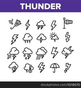 Thunder And Lightning Collection Icons Set Vector Thin Line. Thunder And Raining Clouds, Umbrella And Wind, Sun And Moon Concept Linear Pictograms. Monochrome Contour Illustrations. Thunder And Lightning Collection Icons Set Vector