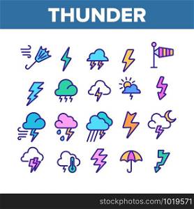Thunder And Lightning Collection Icons Set Vector Thin Line. Thunder And Raining Clouds, Umbrella And Wind, Sun And Moon Concept Linear Pictograms. Color Contour Illustrations. Thunder And Lightning Color Icons Set Vector