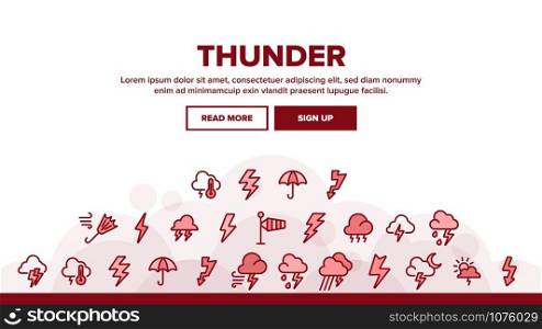 Thunder And Lightning Landing Web Page Header Banner Template Vector. Thunder And Raining Clouds, Umbrella And Wind, Sun And Moon Illustration. Thunder And Lightning Landing Header Vector