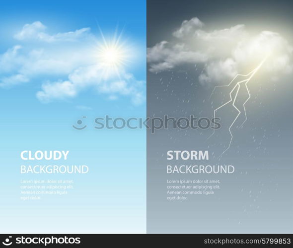 Thunder and lightning, sun and clouds. Weather background. Vector illustration EPS 10