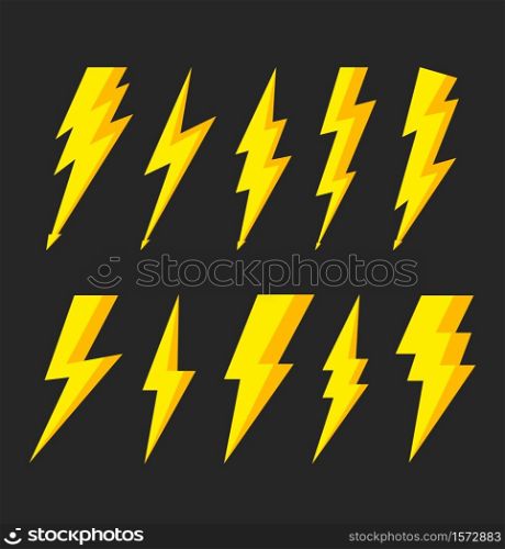 Thunder bolt with flash of lightning. Icons of electric. Logo of thunderbolt. Storm and lightening for illustrations. Instant zigzag bolt for shock symbol. Sign of battery, light, voltage. Vector.. Thunder bolt with flash of lightning. Icons of electric. Logo of thunderbolt. Storm and lightening for illustrations. Instant zigzag bolt for shock symbol. Sign of battery, light, voltage. Vector