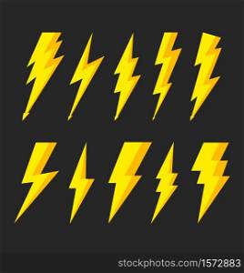 Thunder bolt with flash of lightning. Icons of electric. Logo of thunderbolt. Storm and lightening for illustrations. Instant zigzag bolt for shock symbol. Sign of battery, light, voltage. Vector.. Thunder bolt with flash of lightning. Icons of electric. Logo of thunderbolt. Storm and lightening for illustrations. Instant zigzag bolt for shock symbol. Sign of battery, light, voltage. Vector