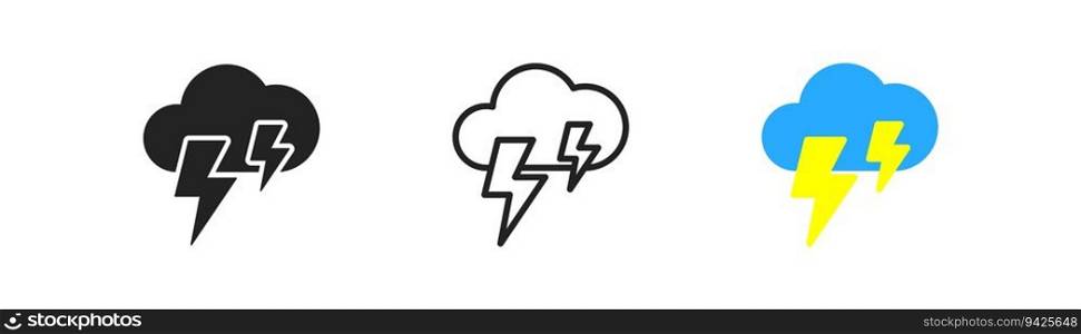 Thunder cloud icon on light background. Blue cloud with yellow lightning in flat style. Forecast concept. Rainstorm symbol. Simple design. Vector illustration. Thunder cloud icon on light background. Blue cloud with yellow lightning in flat style. Forecast concept. Rainstorm symbol. Simple design. Vector illustration.