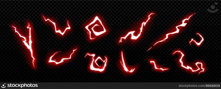 Thunder game lightning effect vector set. Isolated magic red neon effect for animation. Strike png element for spell shot. Bright attack action or blast design.. Thunder game lightning effect. Magic neon effect