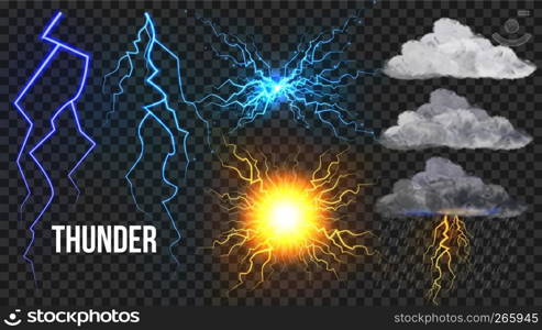 Thunder, Lightnigs Set Vector. Bolt, Night Sky Magic Bright Sparkle Effect. Fireball, Rain, Cloudy. Bad Weather Thunderbolt. Danger Electricity Blast Storm. Isolated Transparent Illustration. Thunder, Lightnigs Set Vector. Bolt, Night Sky Magic Bright Sparkle Effect. Fireball, Rain, Cloudy. Bad Weather Thunderbolt. Danger Electricity Blast Storm. Realistic Isolated Transparent Illustration