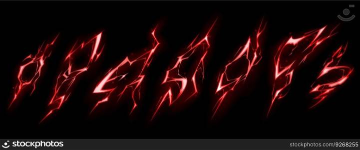 Thunder lightning vector electric power effect isolated on black background. Red spark blast vfx illustration. Flash lightening explosion magical spell attack. Energy discharge neon thunderstorm. Thunder lightning vector electric power effect