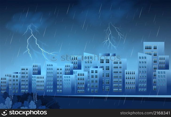Thunder Storm Lightning Rainy Weather City Building Skyline Cityscape Illustration