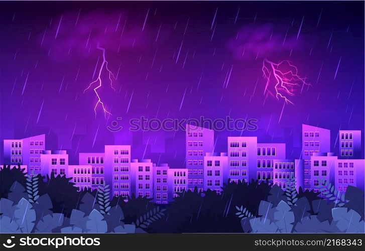Thunder Storm Lightning Rainy Weather City Building Skyline Cityscape Illustration