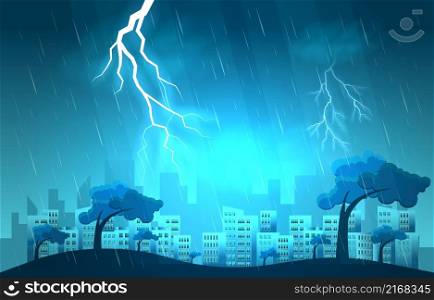 Thunder Storm Lightning Strike Heavy Rain City Building Skyline Cityscape Illustration