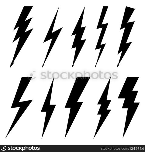 Thunderbolt icons isolated on white background. Black silhouettes in flat style. Lightning bolt with electric high voltage. Lightning strike bolt is symbols warning danger. Cartoon elements. Vector.. Thunderbolt icons isolated on white background. Black silhouettes in flat style. Lightning bolt with electric high voltage. Lightning strike bolt is symbols warning danger. Cartoon elements. Vector