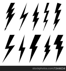 Thunderbolt icons isolated on white background. Black silhouettes in flat style. Lightning bolt with electric high voltage. Lightning strike bolt is symbols warning danger. Cartoon elements. Vector.. Thunderbolt icons isolated on white background. Black silhouettes in flat style. Lightning bolt with electric high voltage. Lightning strike bolt is symbols warning danger. Cartoon elements. Vector