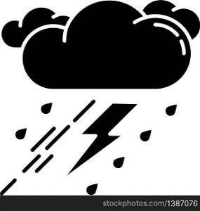 Thunderstorm black glyph icon. Bad weather, meteo forecast silhouette symbol on white space. Strong atmospheric precipitation, rainstorm. Raining cloud with lightning vector isolated illustration. Thunderstorm black glyph icon