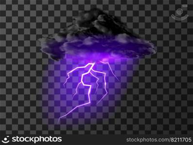 Thunderstorm cloud with lightning weather meteo icon realistic vector illustration. Realistic element for weather forecast, black cloud with glowing purple charge isolated on transparent background. Thunderstorm cloud lightning weather meteo icon