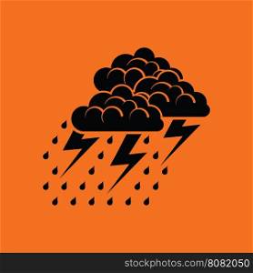 Thunderstorm icon. Orange background with black. Vector illustration.