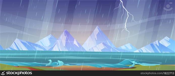 Thunderstorm landscape with river shore, wind, rain, mountains on horizon and lightning in sky. Vector cartoon illustration of storm weather on lake coast with water waves and grass. Thunderstorm landscape with river shore and rocks