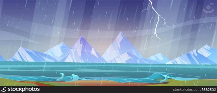 Thunderstorm landscape with river shore, wind, rain, mountains on horizon and lightning in sky. Vector cartoon illustration of storm weather on lake coast with water waves and grass. Thunderstorm landscape with river shore and rocks