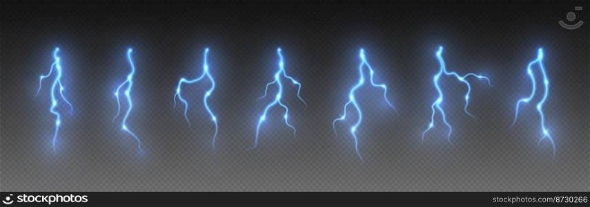 Thunderstorm lightning, thunderbolt strike, realistic electric zipper, energy flash light effect, blue lightning bolt isolated on dark background. Vector illustration.. Thunderstorm lightning, thunderbolt strike, realistic electric zipper, energy flash light effect, blue lightning bolt