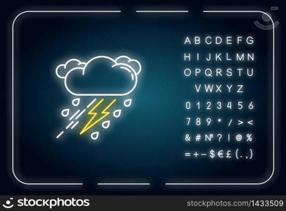 Thunderstorm neon light icon. Outer glowing effect. Bad weather, meteo forecast sign with alphabet, numbers and symbols. Raining cloud with lightning vector isolated RGB color illustration. Thunderstorm neon light icon