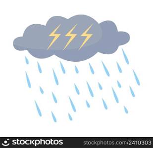 Thunderstorm semi flat color vector element. Full sized object on white. Extreme weather. Heavy rain. Thunder and lightning simple cartoon style illustration for web graphic design and animation. Thunderstorm semi flat color vector element