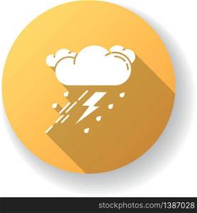 Thunderstorm yellow flat design long shadow glyph icon. Bad weather, meteo forecast. Strong atmospheric precipitation, rainstorm. Raining cloud with lightning silhouette RGB color illustration. Thunderstorm yellow flat design long shadow glyph icon