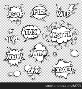Thx, ASAP, PLZ, WTF, LOL, ROTFL, WOW, WIN, OMG, XOXO. Comic speech bubbles set with different shapes and elements. Vector cartoon illustrations isolated on white background. Halftones, stars and other elements in separated layers. Black and white.