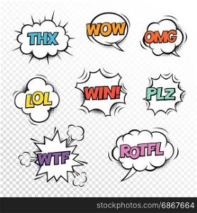 Thx, PLZ, WTF, LOL, ROTFL, WOW, WIN, OMG. Comic speech bubbles set with different acronims. Vector cartoon illustrations isolated on transparent background. Halftones and other elements in separated layers.