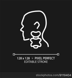 Thyroid pixel perfect white linear icon for dark theme. Butterfly shaped gland in throat. Hormones making organ. Thin line illustration. Contour symbol. Vector outline drawing. Editable stroke. Thyroid pixel perfect white linear icon for dark theme