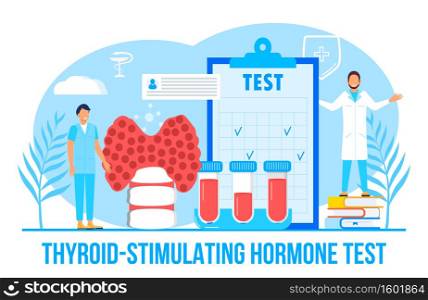 Thyroid-stimulating hormone test concept vector for medical website. Hypothyroidism concept vector. Endocrinologists diagnose and treat human thyroid gland. Specialists make blood test on hormones.. Thyroid-stimulating hormone test concept vector for medical website. Hypothyroidism concept vector. Endocrinologists diagnose and treat human thyroid gland. Specialists make blood test hormones.
