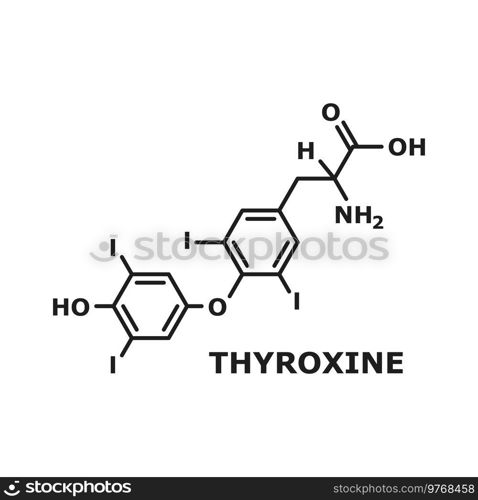 Thyroxine T4, levothyroxine thyroid hormone isolated chemical molecule structure, thin line skeletal formula. Vector prohormone of thyronine T3, human body hormone used as drug to treat hypothyroidism. Levothyroxine, hormone thyroxine skeletal formula