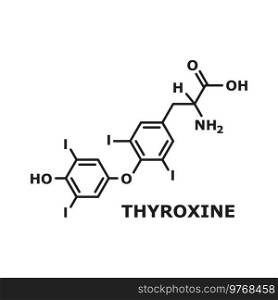 Thyroxine T4, levothyroxine thyroid hormone isolated chemical molecule structure, thin line skeletal formula. Vector prohormone of thyronine T3, human body hormone used as drug to treat hypothyroidism. Levothyroxine, hormone thyroxine skeletal formula