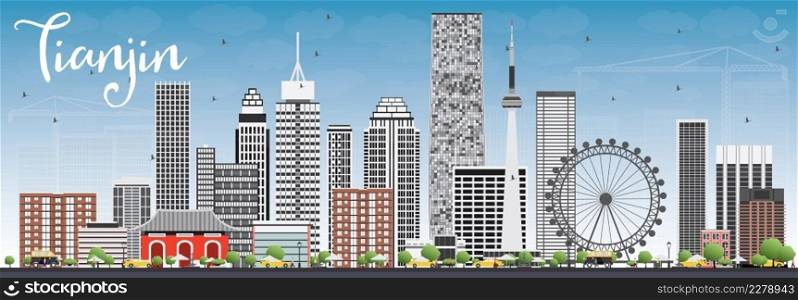 Tianjin Skyline with Gray Buildings and Blue Sky. Vector Illustration. Business Travel and Tourism Concept with Modern Buildings. Image for Presentation Banner Placard and Web Site.