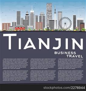 Tianjin Skyline with Gray Buildings, Blue Sky and Copy Space. Vector Illustration. Business Travel and Tourism Concept with Modern Buildings. Image for Presentation Banner Placard and Web Site.