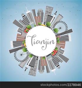 Tianjin Skyline with Gray Buildings, Blue Sky and Copy Space. Vector Illustration. Business Travel and Tourism Concept with Modern Architecture. Image for Presentation Banner Placard and Web Site.