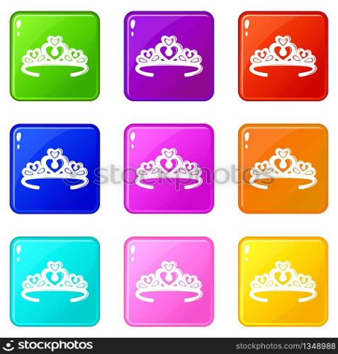 Tiara crown icons set 9 color collection isolated on white for any design. Tiara crown icons set 9 color collection