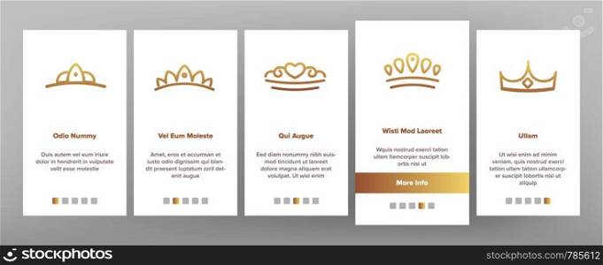 Tiara, Royal Accessory Vector Onboarding Mobile App Page Screen. Tiara, Diadem Types Illustrations. Queen Coronation, Princess, Nobility Headwear. Bridal Hair Decoration. Beauty Contest, Miss Award. Tiara, Royal Accessory Vector Onboarding