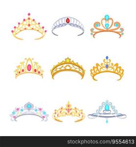 tiara set cartoon. queen jewelry, king girl, fashion logo tiara sign. isolated symbol vector illustration. tiara set cartoon vector illustration