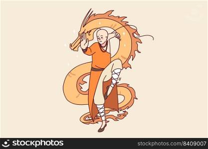 Tibetan monk with dragon painting in background. Asian man in traditional clothes make religious spiritual moves. Religion and culture. Vector illustration.. Tibetan monk making moves