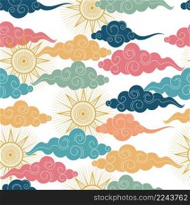 Tibetan or chinese seamless pattern in ancient style.Traditional oriental ornament.Clouds floating in the sky.