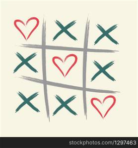 Tic tac toe game with criss cross and heart sign mark. XOXO. Hand drawn brush. Happy Valentines day card.