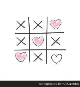 Tic tac toe game with criss cross and hearts. Hand drawn. Vector love postcard. Vector illustration