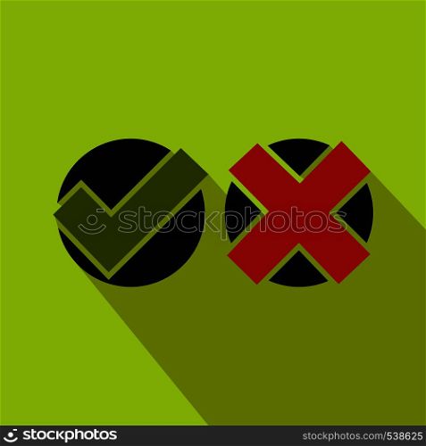 Tick and cross icon in flat style on a green background. Tick and cross icon, flat style