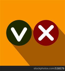 Tick and cross icon in flat style on a yellow background. Tick and cross icon, flat style