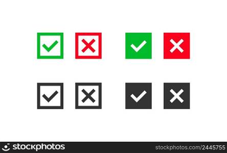 Tick   and cross in a square icon set. Chack mark and cross vector desing.